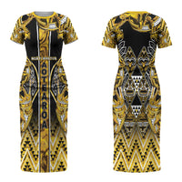 Aotearoa Ngati Whatua Couples Matching Short Sleeve Bodycon Dress and Long Sleeve Button Shirt Maori Tribal Gold Paua Shell Pattern DT05 - Polynesian Pride