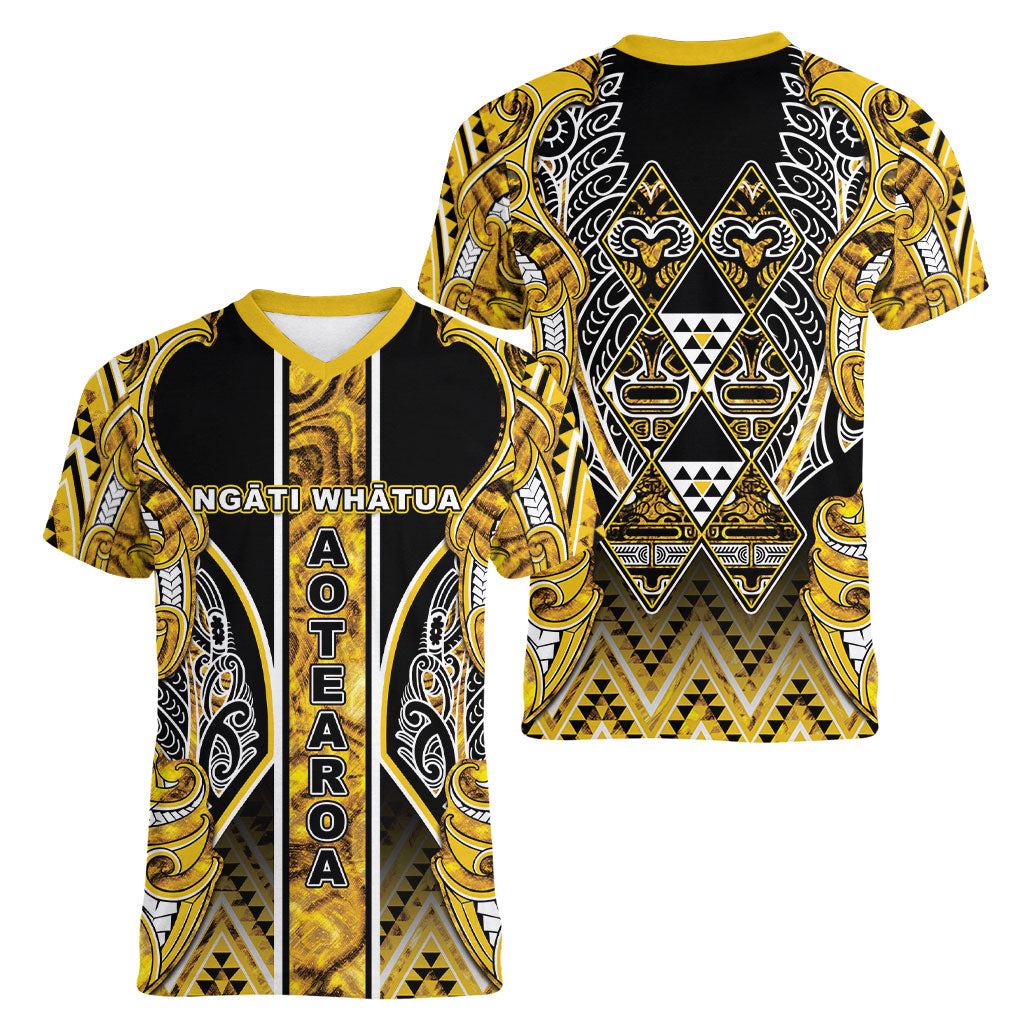 Aotearoa Ngati Whatua Women V-Neck T-Shirt Maori Tribal Gold Paua Shell Pattern DT05 - Polynesian Pride