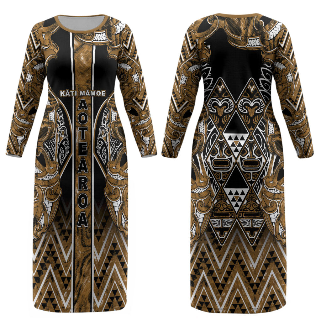 Aotearoa Kati Mamoe Couples Matching Long Sleeve Bodycon Dress and Long Sleeve Button Shirt Maori Brown Tribal Paua Shell Pattern DT05 - Polynesian Pride