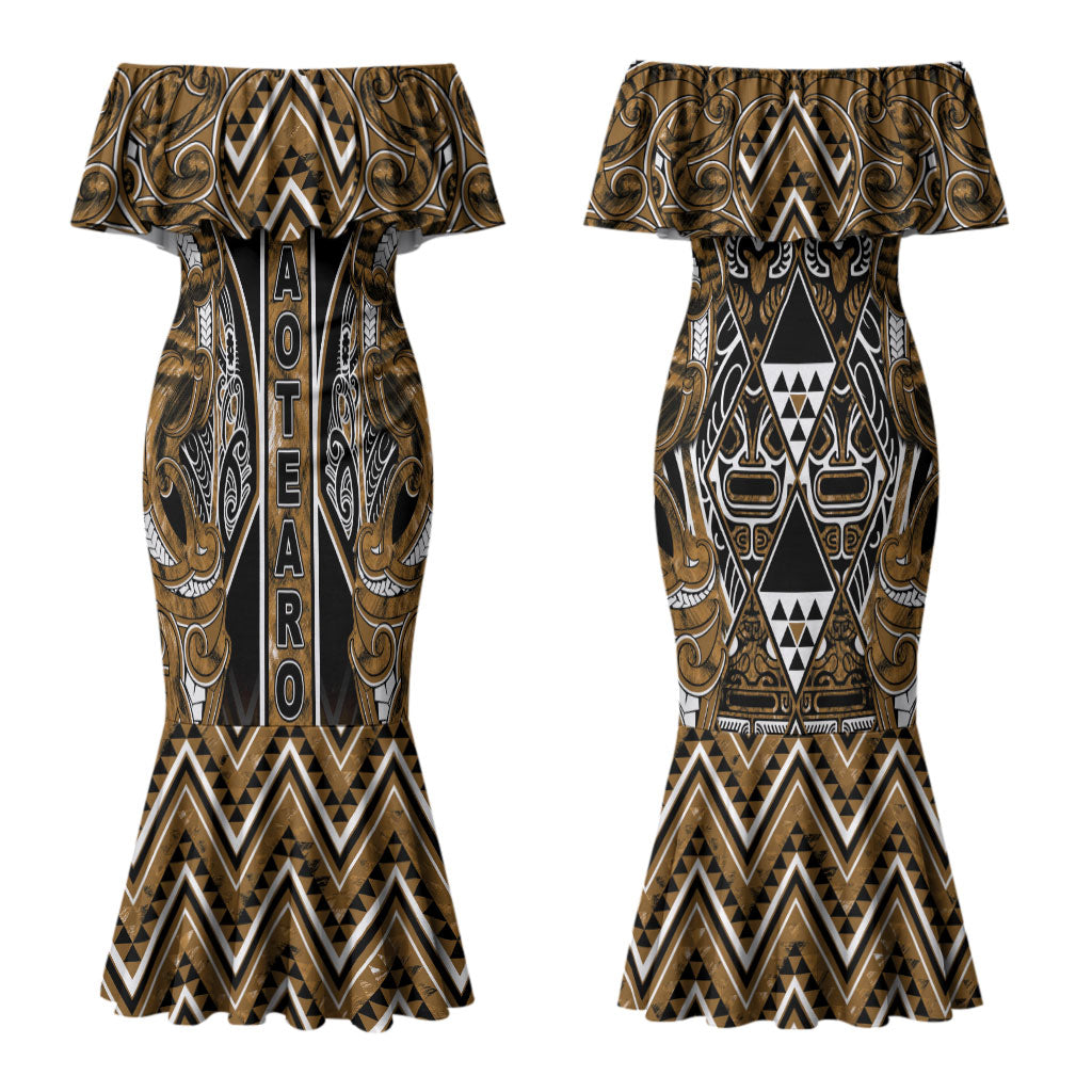 Aotearoa Kati Mamoe Couples Matching Mermaid Dress and Long Sleeve Button Shirt Maori Brown Tribal Paua Shell Pattern DT05 - Polynesian Pride