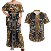 Aotearoa Kati Mamoe Couples Matching Off Shoulder Maxi Dress and Hawaiian Shirt Maori Brown Tribal Paua Shell Pattern DT05 Brown - Polynesian Pride
