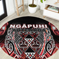 Aotearoa Ngapuhi Round Carpet Maori Red Tribal Paua Shell Pattern DT05 Red - Polynesian Pride