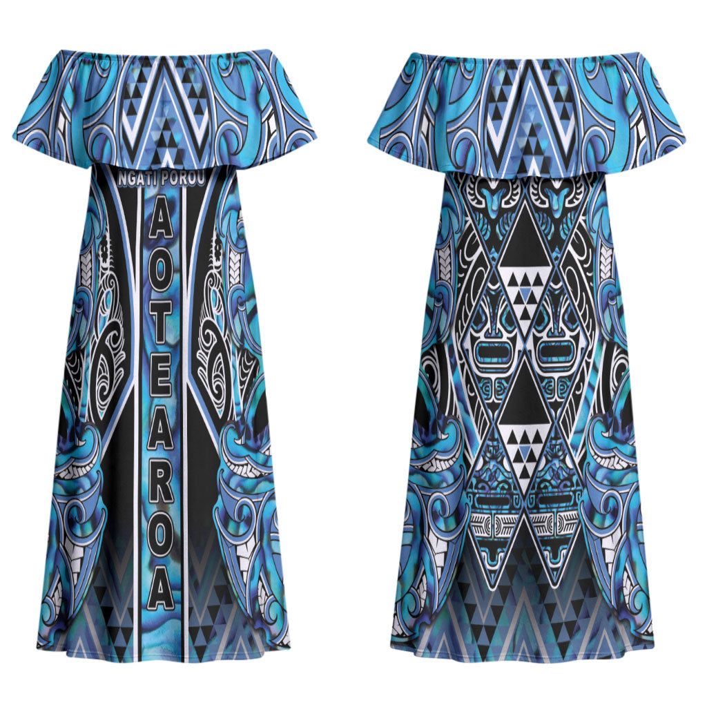 Aotearoa Ngati Porou Couples Matching Off Shoulder Maxi Dress and Hawaiian Shirt Maori Light Blue Tribal Paua Shell Pattern DT05 - Polynesian Pride