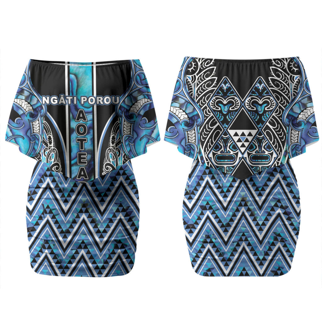 Aotearoa Ngati Porou Couples Matching Off Shoulder Short Dress and Long Sleeve Button Shirt Maori Light Blue Tribal Paua Shell Pattern DT05 - Polynesian Pride