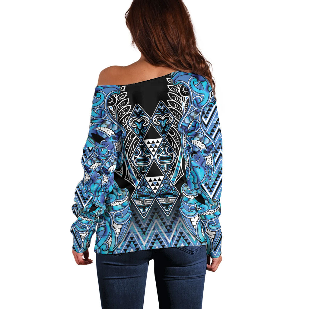 Aotearoa Ngati Porou Off Shoulder Sweater Maori Light Blue Tribal Paua Shell Pattern DT05 - Polynesian Pride