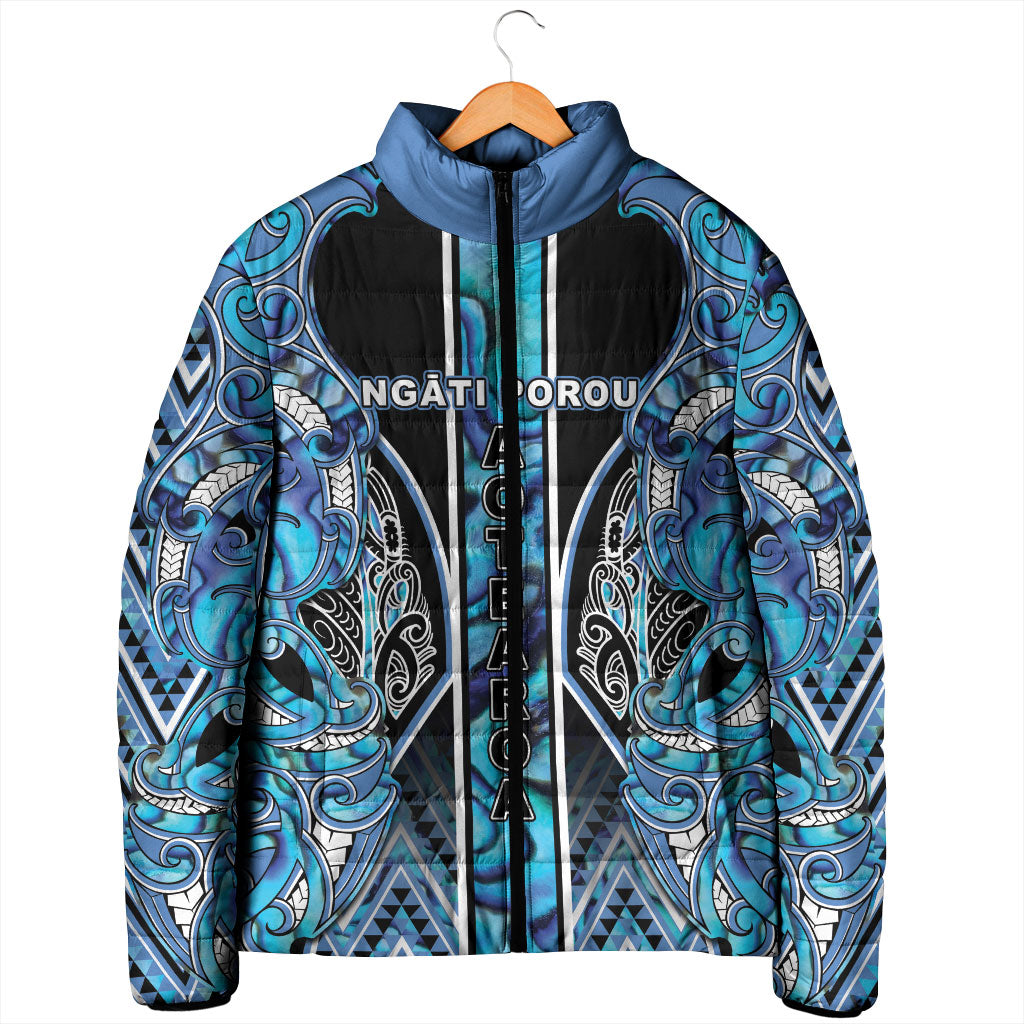 Aotearoa Ngati Porou Padded Jacket Maori Light Blue Tribal Paua Shell Pattern DT05 - Polynesian Pride