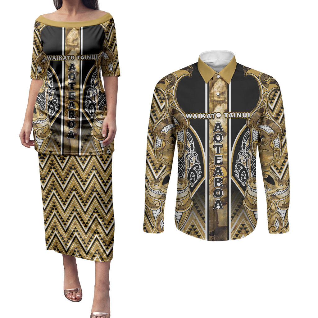 Aotearoa Waikato Tainui Couples Matching Puletasi and Long Sleeve Button Shirt Maori Light Gold Tribal Paua Shell Pattern DT05 Yellow - Polynesian Pride