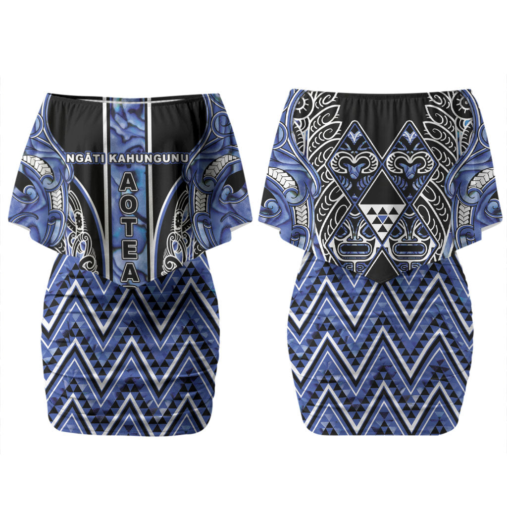 Aotearoa Ngati Kahungunu Couples Matching Off Shoulder Short Dress and Hawaiian Shirt Maori Tribal Blue Paua Shell Pattern DT05 - Polynesian Pride
