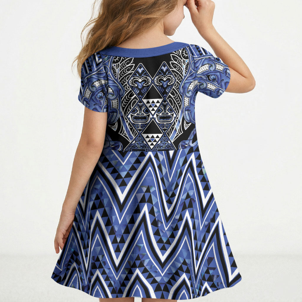 Aotearoa Ngati Kahungunu Kid Short Sleeve Dress Maori Tribal Blue Paua Shell Pattern DT05 - Polynesian Pride