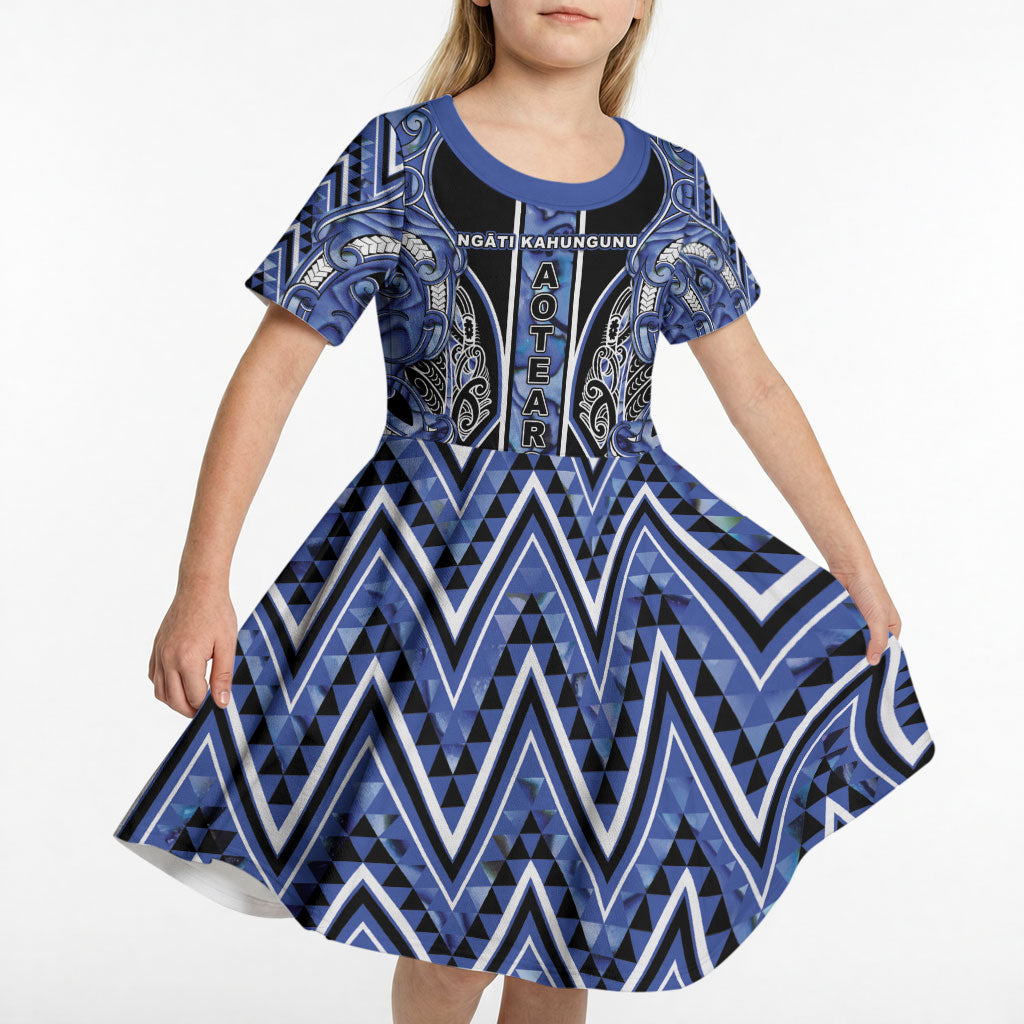 Aotearoa Ngati Kahungunu Kid Short Sleeve Dress Maori Tribal Blue Paua Shell Pattern DT05 - Polynesian Pride