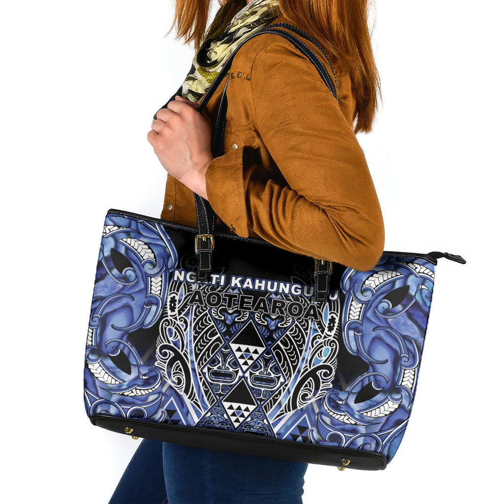 Aotearoa Ngati Kahungunu Leather Tote Bag Maori Tribal Blue Paua Shell Pattern