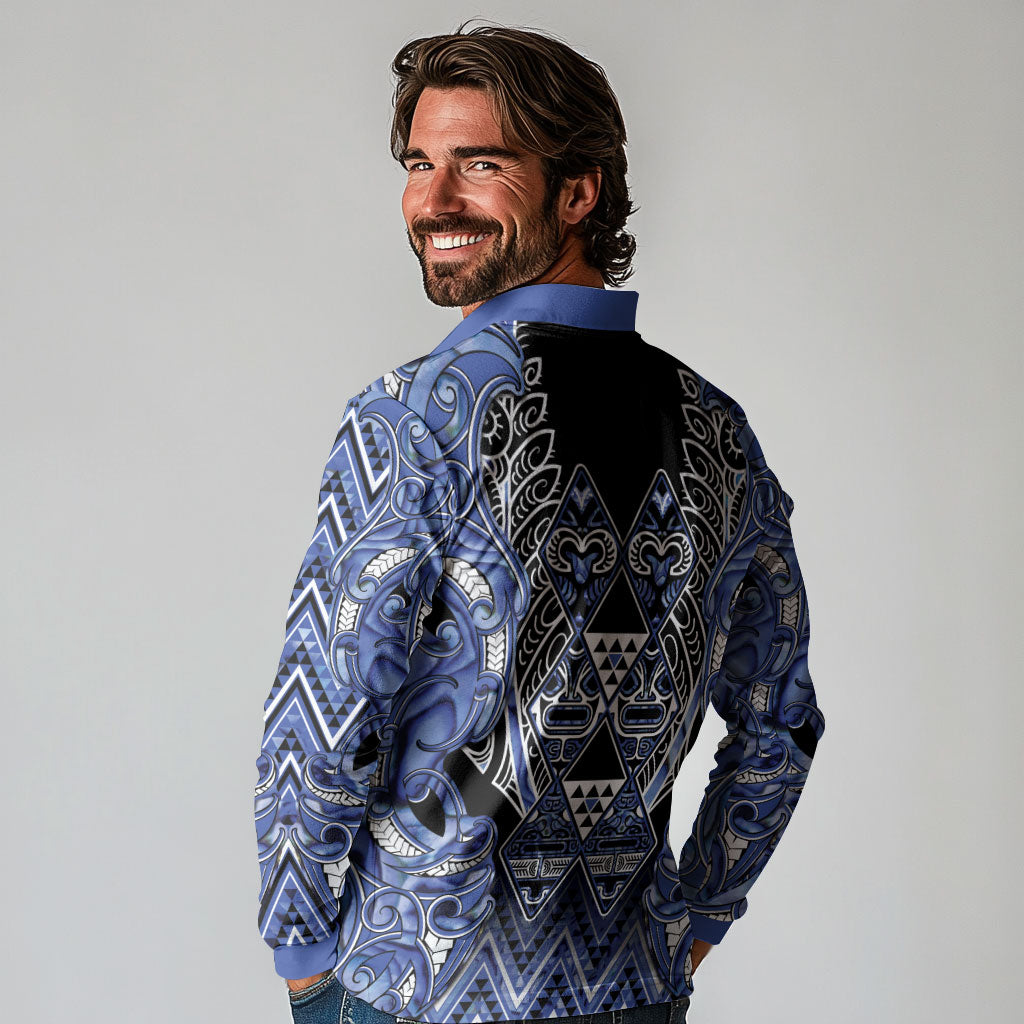 Aotearoa Ngati Kahungunu Long Sleeve Polo Shirt Maori Tribal Blue Paua Shell Pattern DT05 - Polynesian Pride