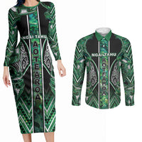 Aotearoa Ngai Tahu Couples Matching Long Sleeve Bodycon Dress and Long Sleeve Button Shirt Maori Tribal Dark Green Paua Shell Pattern DT05 Green - Polynesian Pride