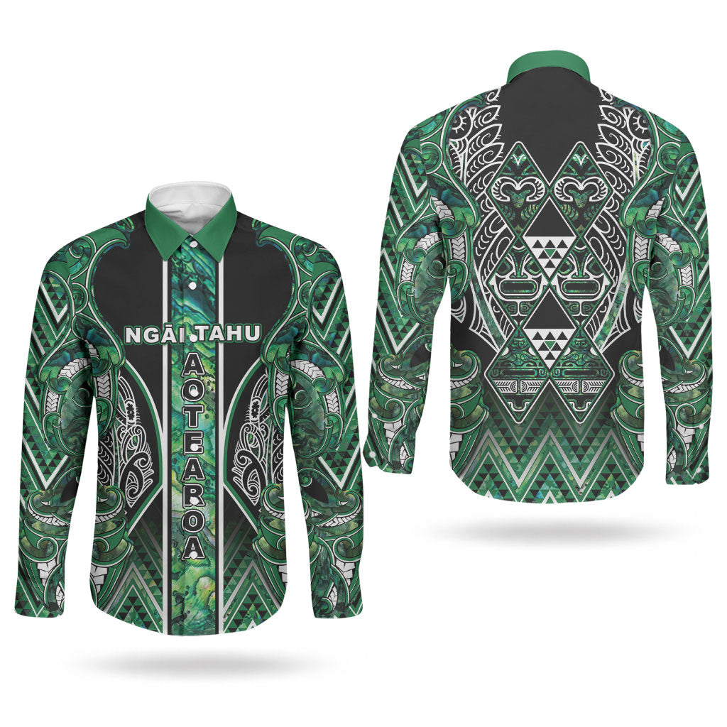 Aotearoa Ngai Tahu Couples Matching Long Sleeve Bodycon Dress and Long Sleeve Button Shirt Maori Tribal Dark Green Paua Shell Pattern DT05 - Polynesian Pride