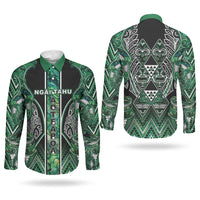 Aotearoa Ngai Tahu Couples Matching Long Sleeve Bodycon Dress and Long Sleeve Button Shirt Maori Tribal Dark Green Paua Shell Pattern DT05 - Polynesian Pride
