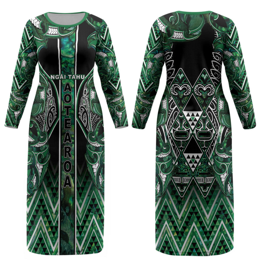 Aotearoa Ngai Tahu Couples Matching Long Sleeve Bodycon Dress and Long Sleeve Button Shirt Maori Tribal Dark Green Paua Shell Pattern DT05 - Polynesian Pride