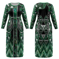 Aotearoa Ngai Tahu Couples Matching Long Sleeve Bodycon Dress and Long Sleeve Button Shirt Maori Tribal Dark Green Paua Shell Pattern DT05 - Polynesian Pride