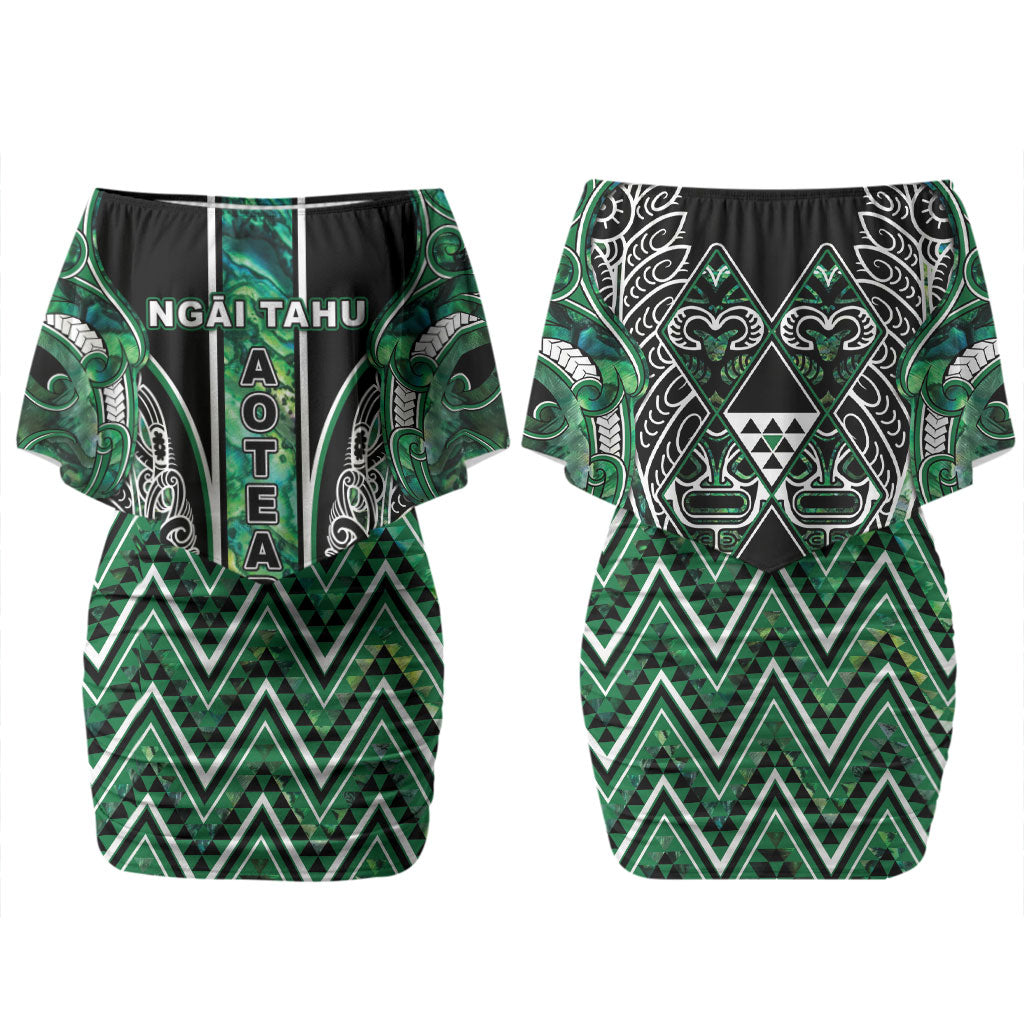 Aotearoa Ngai Tahu Couples Matching Off Shoulder Short Dress and Hawaiian Shirt Maori Tribal Dark Green Paua Shell Pattern DT05 - Polynesian Pride
