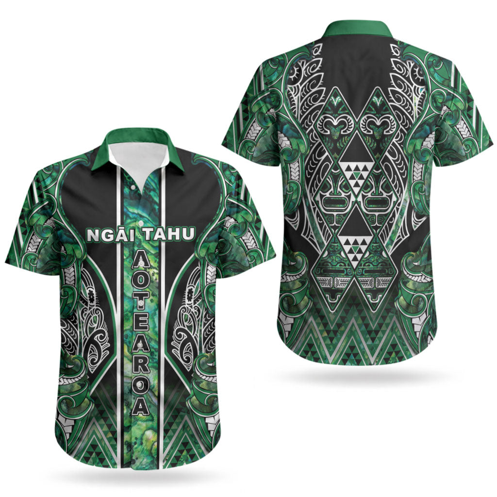 Aotearoa Ngai Tahu Couples Matching Off Shoulder Short Dress and Hawaiian Shirt Maori Tribal Dark Green Paua Shell Pattern DT05 - Polynesian Pride