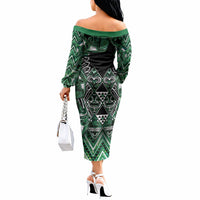 Aotearoa Ngai Tahu Off The Shoulder Long Sleeve Dress Maori Tribal Dark Green Paua Shell Pattern DT05 - Polynesian Pride