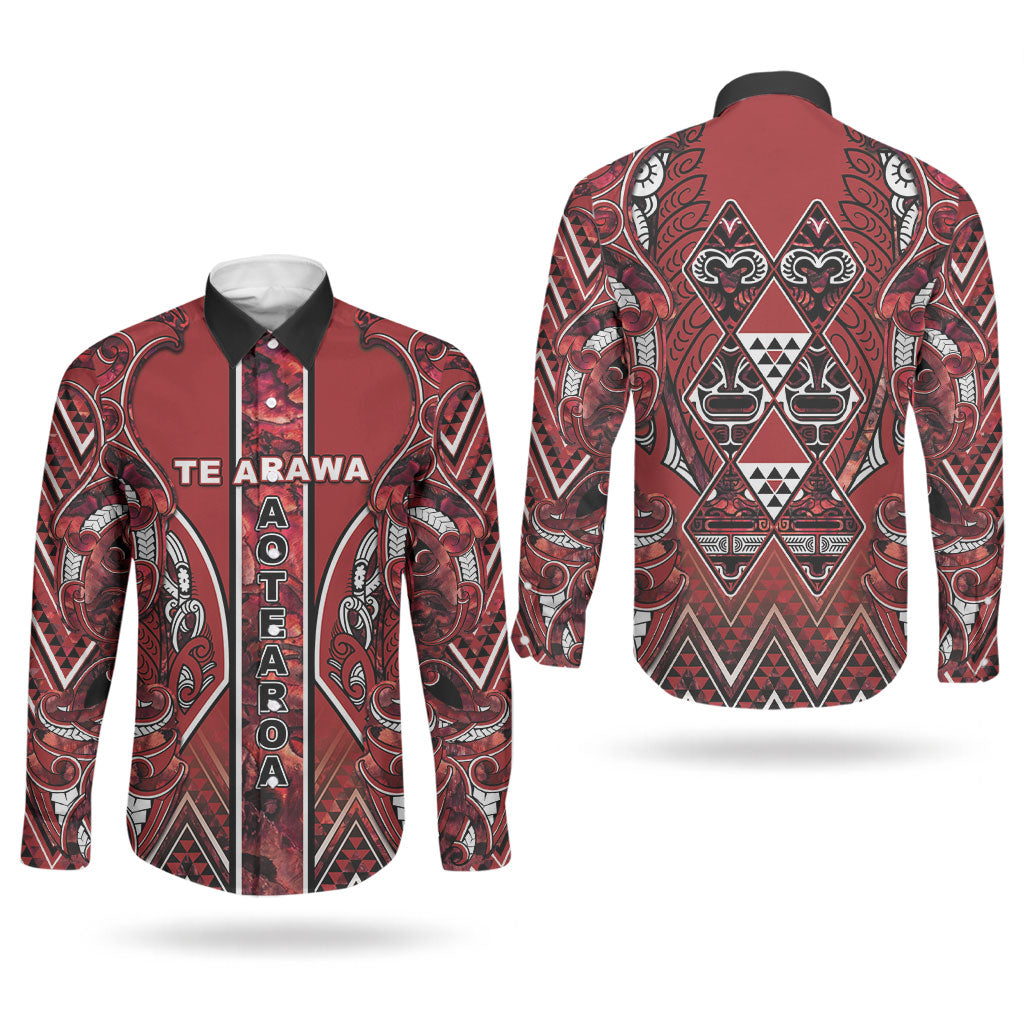 Aotearoa Te Arawa Couples Matching Short Sleeve Bodycon Dress and Long Sleeve Button Shirt Maori Tribal Dark Red Paua Shell Pattern DT05 - Polynesian Pride