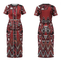 Aotearoa Te Arawa Couples Matching Short Sleeve Bodycon Dress and Long Sleeve Button Shirt Maori Tribal Dark Red Paua Shell Pattern DT05 - Polynesian Pride