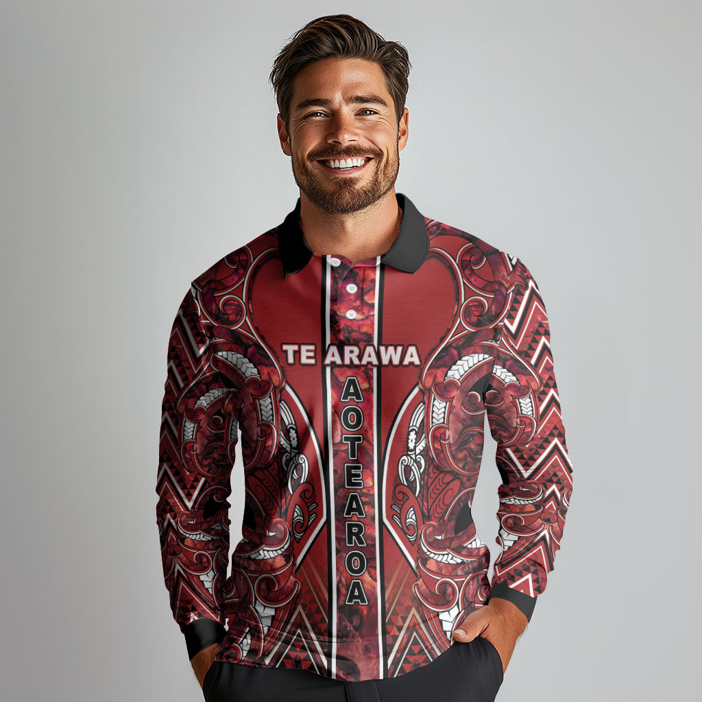 Aotearoa Te Arawa Long Sleeve Polo Shirt Maori Tribal Dark Red Paua Shell Pattern DT05 - Polynesian Pride