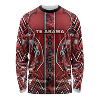 Aotearoa Te Arawa Long Sleeve Shirt Maori Tribal Dark Red Paua Shell Pattern DT05 Unisex Red - Polynesian Pride