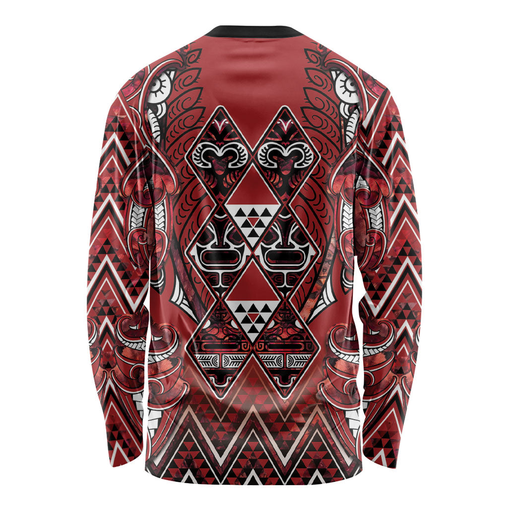 Aotearoa Te Arawa Long Sleeve Shirt Maori Tribal Dark Red Paua Shell Pattern DT05 - Polynesian Pride