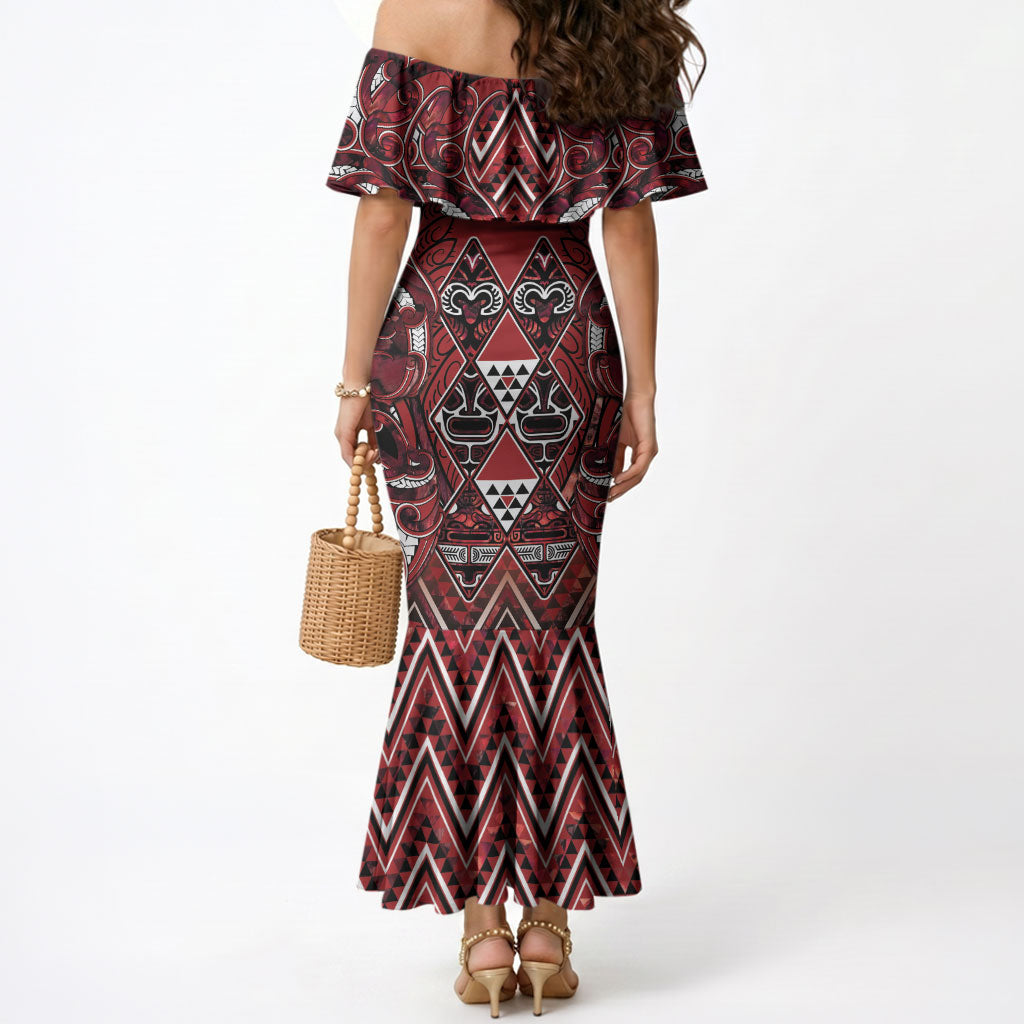 Aotearoa Te Arawa Mermaid Dress Maori Tribal Dark Red Paua Shell Pattern DT05 - Polynesian Pride