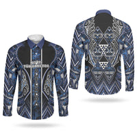 Aotearoa Tuwharetoa Couples Matching Mermaid Dress and Long Sleeve Button Shirt Maori Tribal Navy Paua Shell Pattern DT05 - Polynesian Pride