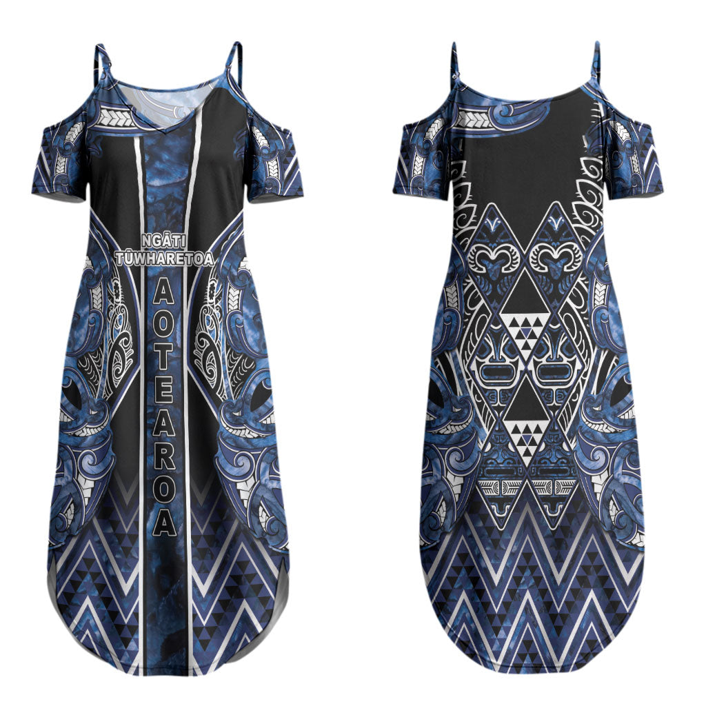Aotearoa Tuwharetoa Couples Matching Summer Maxi Dress and Hawaiian Shirt Maori Tribal Navy Paua Shell Pattern DT05 - Polynesian Pride