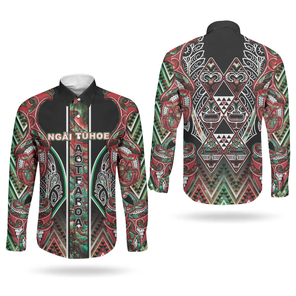 Aotearoa Ngai Tuhoe Couples Matching Puletasi and Long Sleeve Button Shirt Maori Tribal Red And Green Paua Shell Pattern DT05 - Polynesian Pride