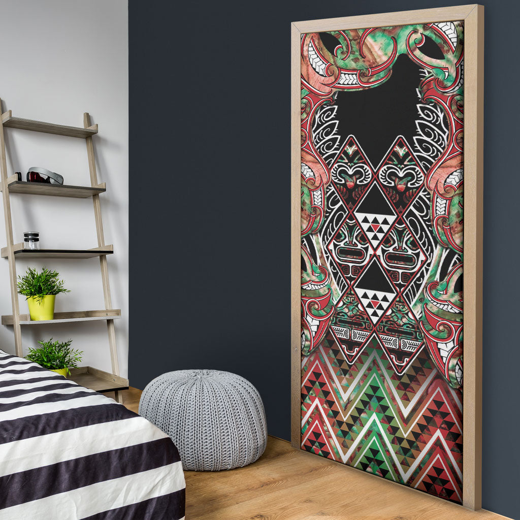 Aotearoa Ngai Tuhoe Door Cover Maori Tribal Red And Green Paua Shell Pattern DT05 - Polynesian Pride