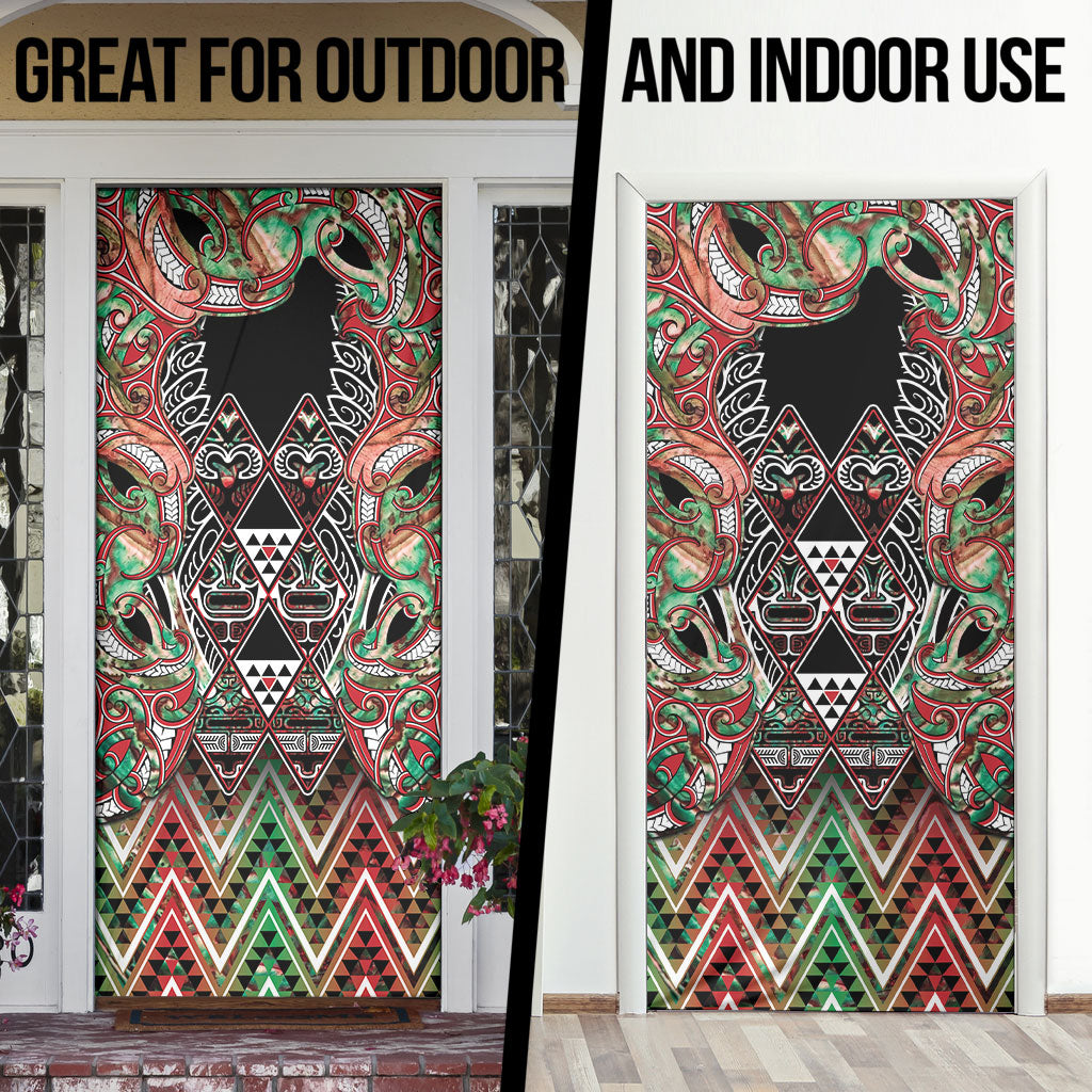 Aotearoa Ngai Tuhoe Door Cover Maori Tribal Red And Green Paua Shell Pattern DT05 - Polynesian Pride