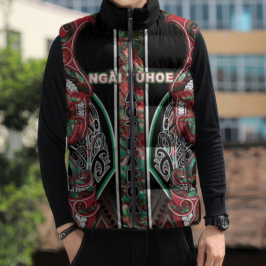 Aotearoa Ngai Tuhoe Sleeveless Puffer Jacket Maori Tribal Red And Green Paua Shell Pattern DT05 - Polynesian Pride