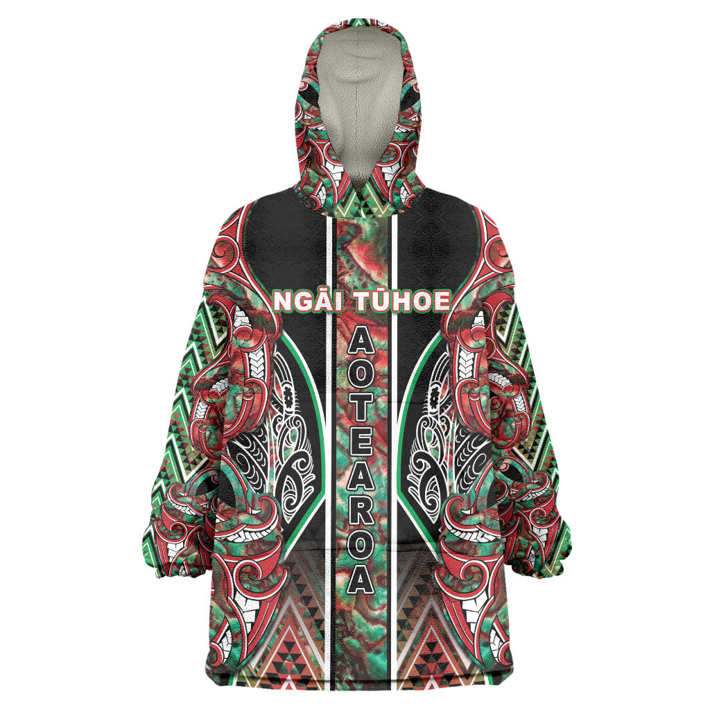Aotearoa Ngai Tuhoe Wearable Blanket Hoodie Maori Tribal Red And Green Paua Shell Pattern DT05 One Size Red - Polynesian Pride