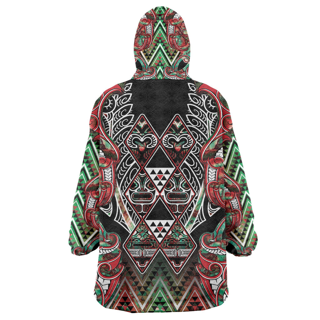 Aotearoa Ngai Tuhoe Wearable Blanket Hoodie Maori Tribal Red And Green Paua Shell Pattern DT05 - Polynesian Pride