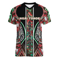Aotearoa Ngai Tuhoe Women V-Neck T-Shirt Maori Tribal Red And Green Paua Shell Pattern DT05 Female Red - Polynesian Pride