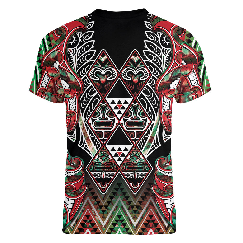 Aotearoa Ngai Tuhoe Women V-Neck T-Shirt Maori Tribal Red And Green Paua Shell Pattern DT05 - Polynesian Pride