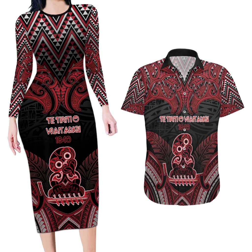 Personalised New Zealand Waitangi Day Couples Matching Long Sleeve Bodycon Dress and Hawaiian Shirt Te Tiriti O Waitangi 1840 - Polynesian Pride