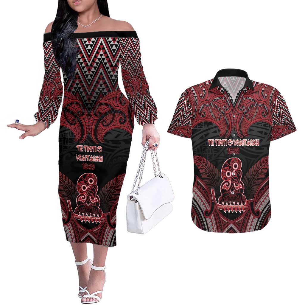 Personalised New Zealand Waitangi Day Couples Matching Off The Shoulder Long Sleeve Dress and Hawaiian Shirt Te Tiriti O Waitangi 1840 - Polynesian Pride