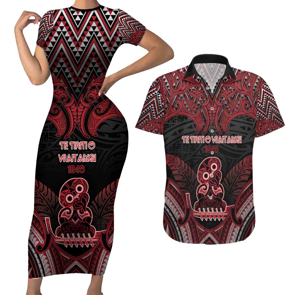 Personalised New Zealand Waitangi Day Couples Matching Short Sleeve Bodycon Dress and Hawaiian Shirt Te Tiriti O Waitangi 1840 - Polynesian Pride