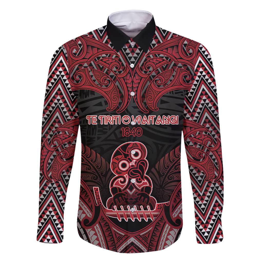 Personalised New Zealand Waitangi Day Family Matching Mermaid Dress and Hawaiian Shirt Te Tiriti O Waitangi 1840 DT05 Dad's Shirt - Long Sleeve Black - Polynesian Pride