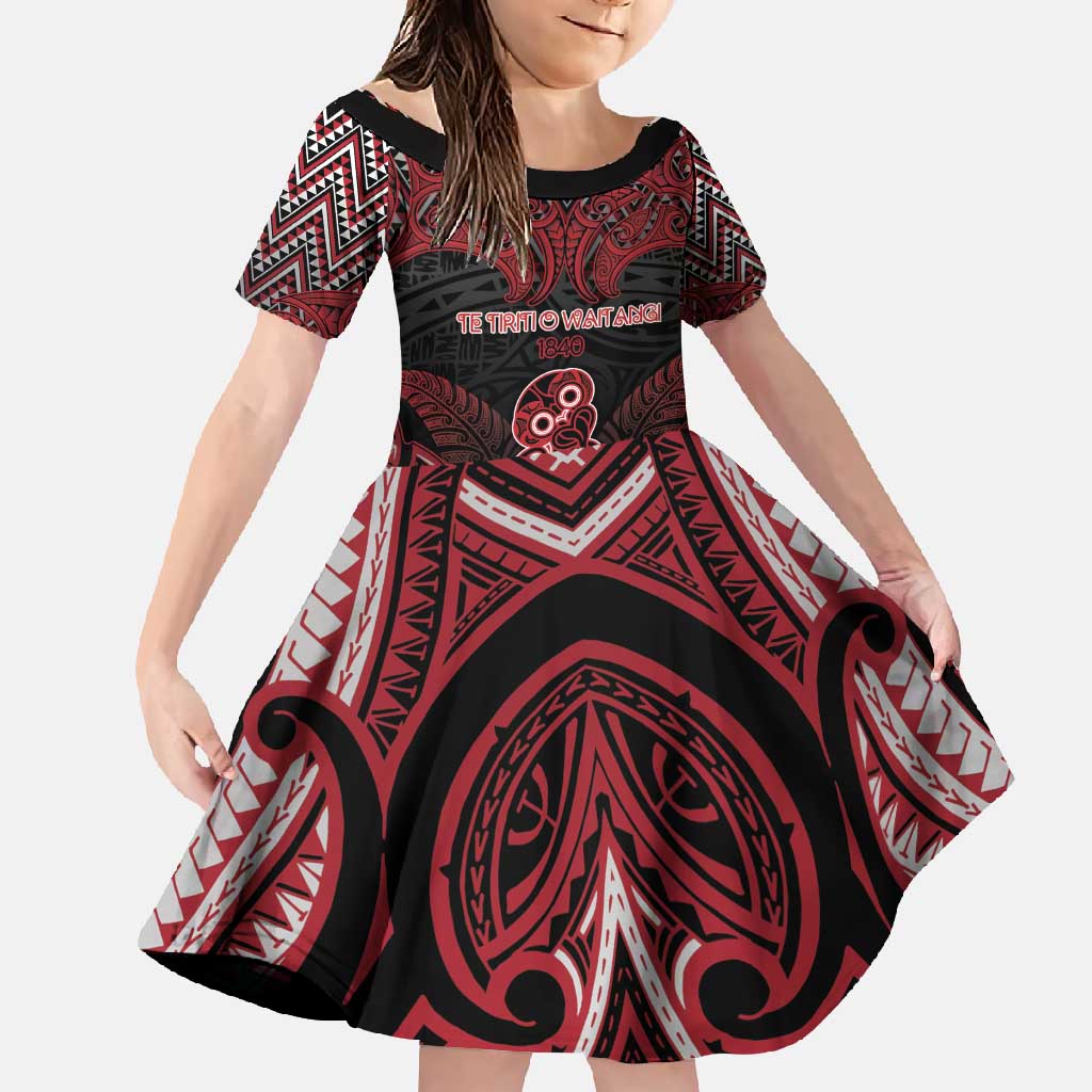 Personalised New Zealand Waitangi Day Family Matching Short Sleeve Bodycon Dress and Hawaiian Shirt Te Tiriti O Waitangi 1840 DT05 Daughter's Dress Black - Polynesian Pride