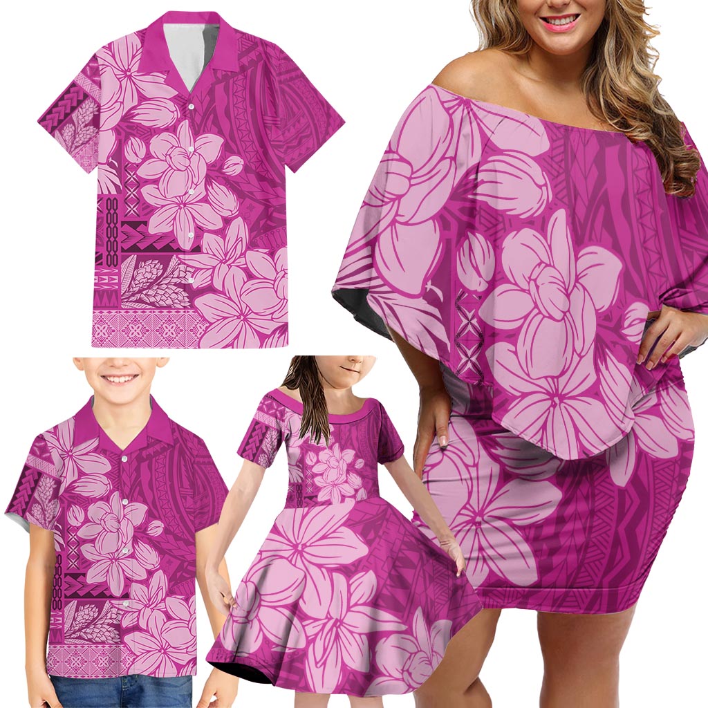 Samoa Women's Day Family Matching Off Shoulder Short Dress and Hawaiian Shirt Tiale Flower Mix Siapo Tapa - Fuchsia Ver LT7