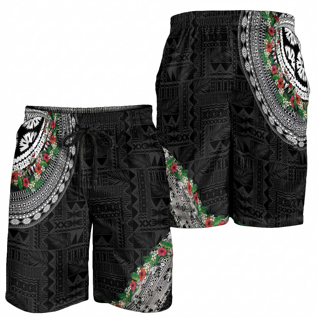 Fiji Hibiscus Shorts for Men Tapa Masi Motifs with Tropical Plants