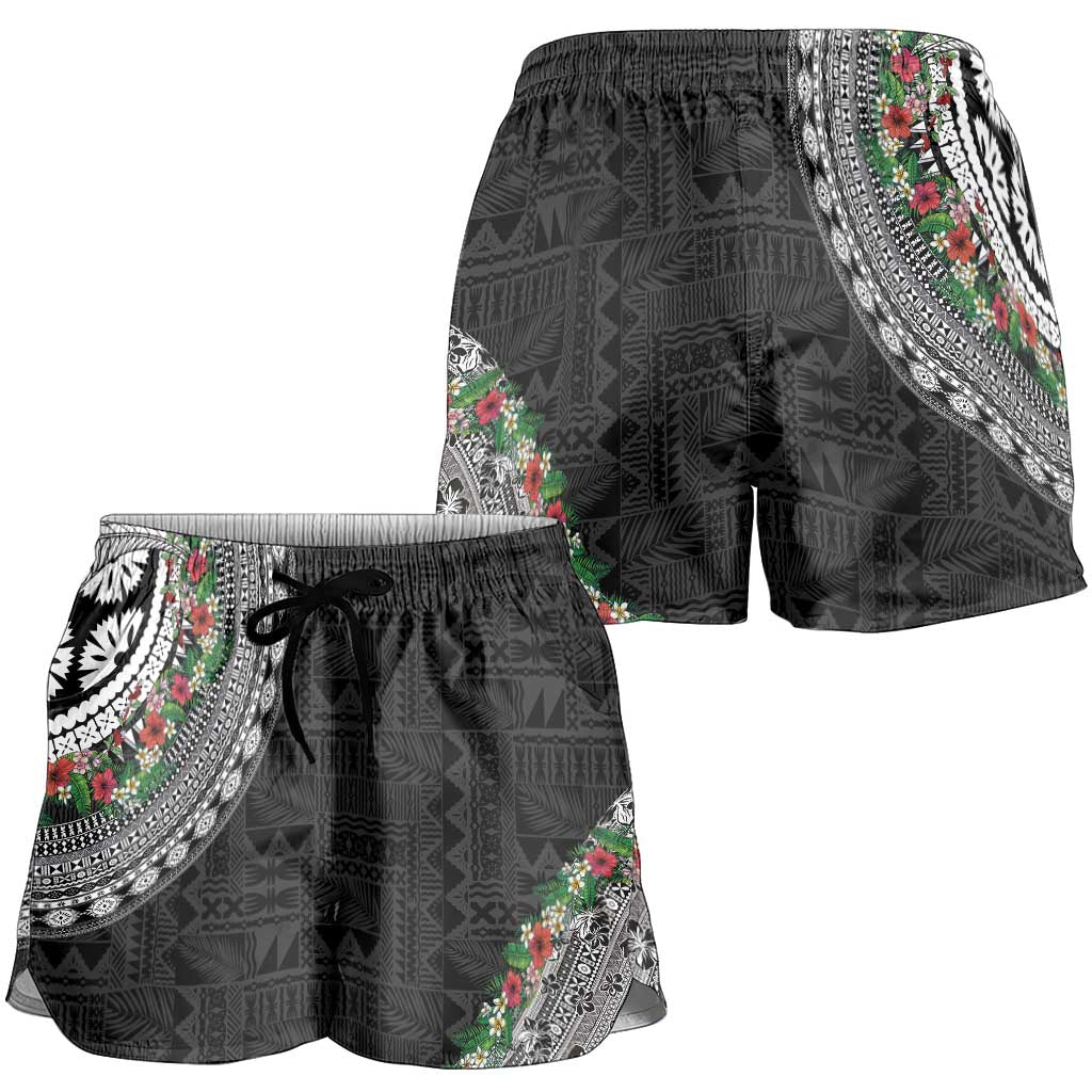 Fiji Hibiscus Shorts for Women Tapa Masi Motifs with Tropical Plants