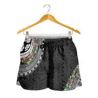 Fiji Hibiscus Shorts for Women Tapa Masi Motifs with Tropical Plants