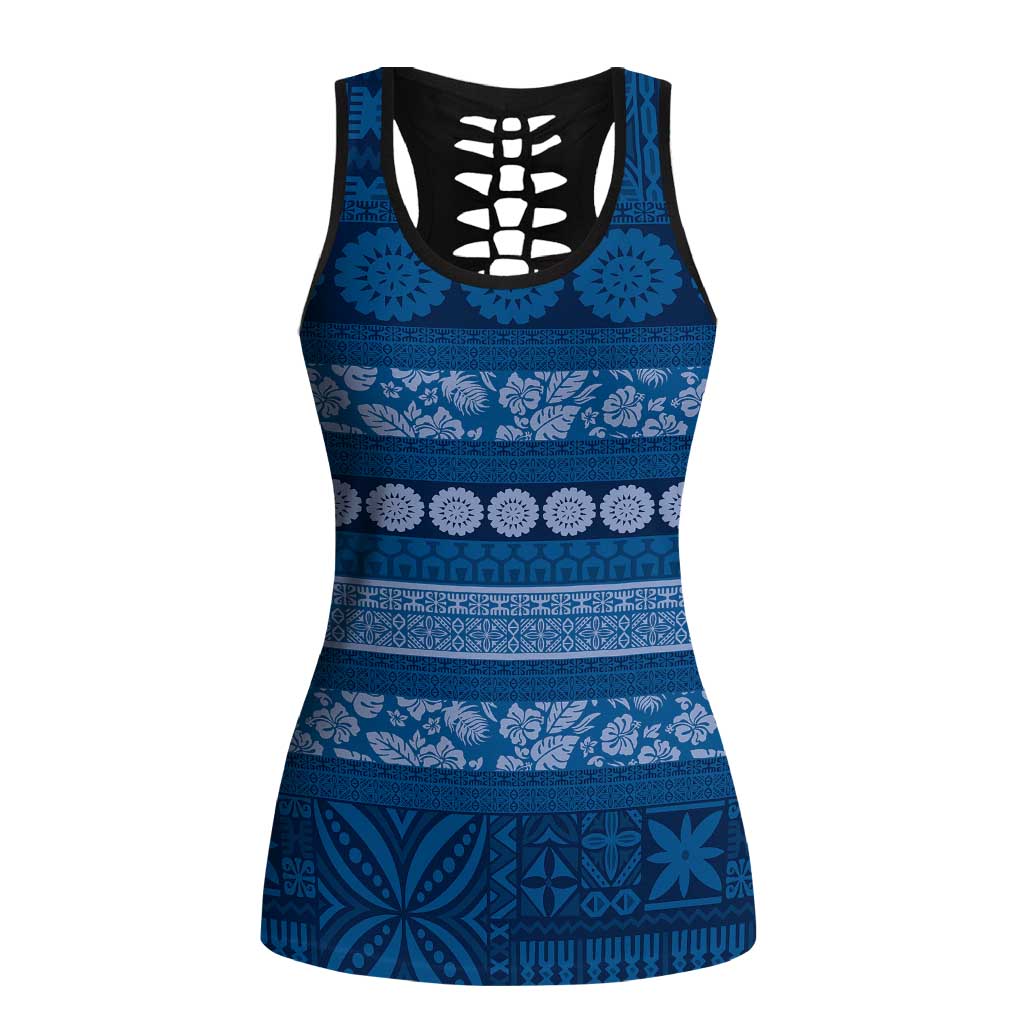 Fiji Marau na Kerisimasi Hollow Tank Top Blue Tapa Masi Inspired Christmas - Polynesian Pride
